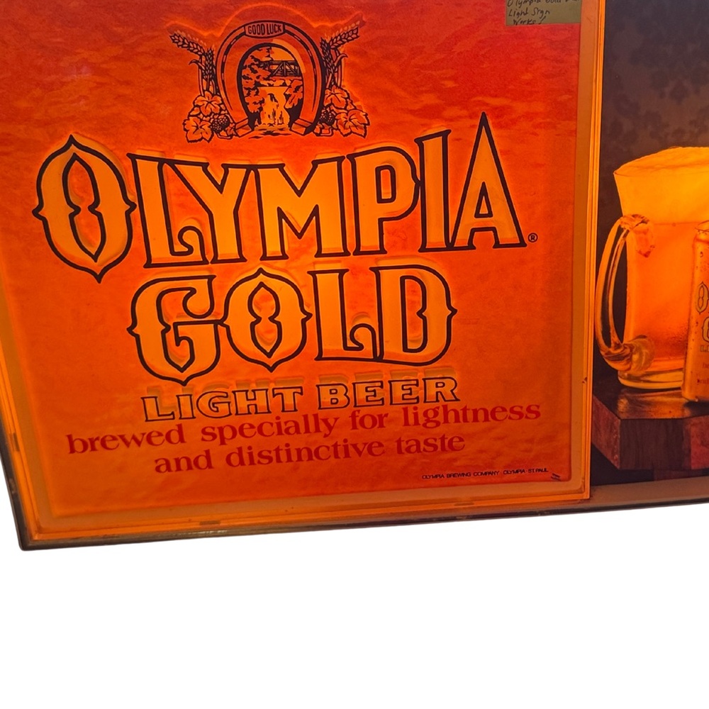 Vintage 1970s Olympia Gold Light Beer Illuminated Sign - Bright Orange - WORKS!